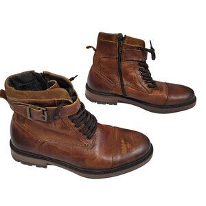 Clarks Leather Hiking Moto Boots Mens 7.5 Brown Lace Up Buckle Distressed Zip